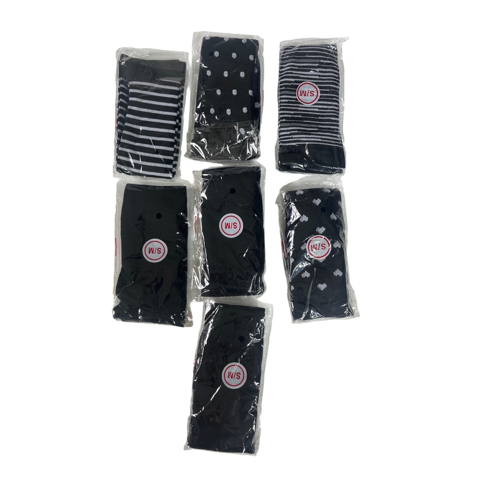 7 Pack Crew Socks Womens S/M Black White Striped Heart Polka Dot Casual Y2K Boho